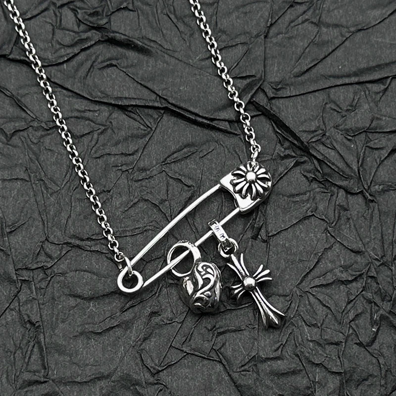 S925 Sterling Silver, Retro and Old Peach Heart Cross Pin Necklace, European and American Men's and Women's Personalities