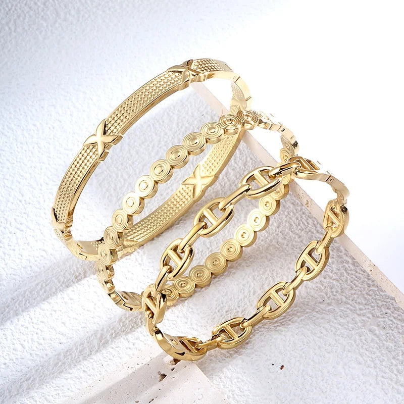Factory Wholesale Luxury Designer Surgical Steel Pig Nose Cuff Bracelet Stainless Zircon Textured Geometric Chain Bangle Jewelry